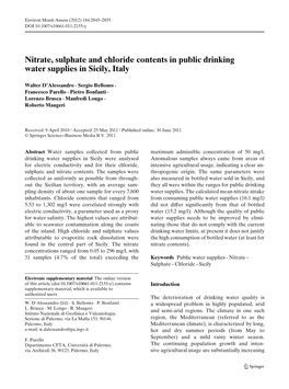 Nitrate, Sulphate and Chloride Contents in Public Drinking Water Supplies in Sicily, Italy