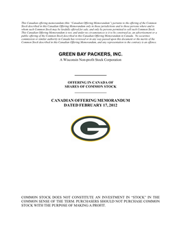 GREEN BAY PACKERS, INC. a Wisconsin Non-Profit Stock Corporation