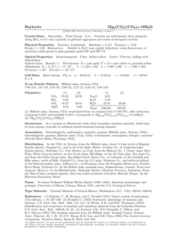 Bayleyite Mg2(UO2)(CO3)3 • 18H2O C 2001-2005 Mineral Data Publishing, Version 1 Crystal Data: Monoclinic