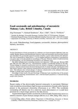 Fossil Carotenoids and Paleolimnology of Meromictic Mahoney Lake, British Columbia, Canada