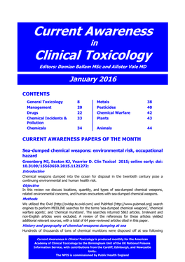 Current Awareness in Clinical Toxicology Editors: Damian Ballam Msc and Allister Vale MD