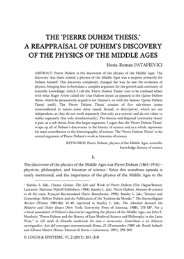 PIERRE DUHEM THESIS.’ a REAPPRAISAL of DUHEM’S DISCOVERY of the PHYSICS of the MIDDLE AGES Horia-Roman PATAPIEVICI