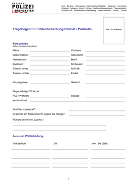 Fragebogen Für Stellenbewerbung Polizist / Polizistin Bitte Foto Aufkleben