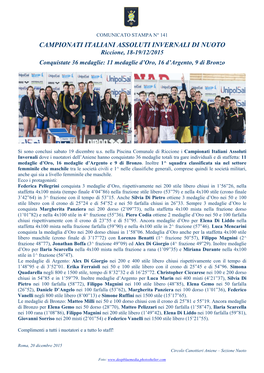 CAMPIONATI ITALIANI ASSOLUTI INVERNALI DI NUOTO Riccione, 18-19/12/2015