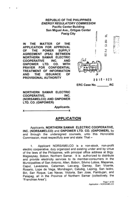 Application for Approval of the Power Supply -Q Agreement (Psa) Between Nj Gd Northern Samar Electric Cooperative Inc