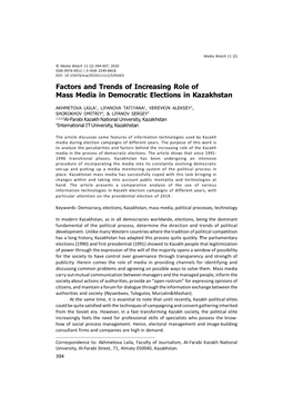 Factors and Trends of Increasing Role of Mass Media in Democratic Elections in Kazakhstan