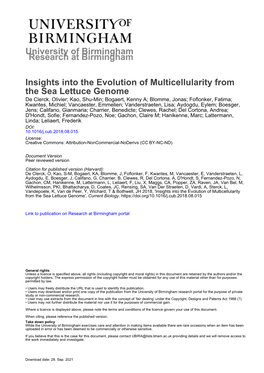 University of Birmingham Insights Into the Evolution of Multicellularity From