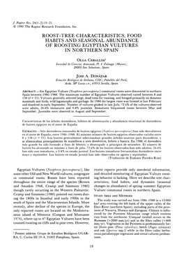 Tree Characteristics, Food Habits and Seasonal Abundance of Roosting Egyptian Vultures in Northern Spain