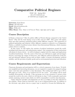 Comparative Political Regimes POSC 120 – Spring 2014 (M & W 8:30-9:40 Am) (F 8:30-9:30 Am) Leighton 304