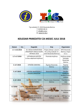 Koledar Prireditev Za Mesec Julij 2018