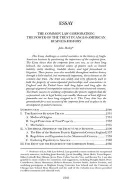 The Common Law Corporation: the Power of the Trust in Anglo-American Business History