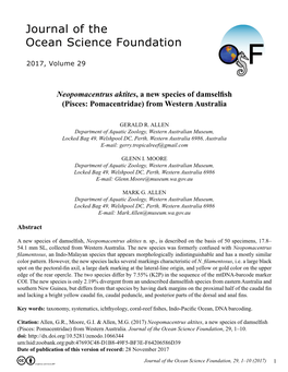 Neopomacentrus Aktites, a New Species of Damselfish (Pisces: Pomacentridae) from Western Australia