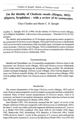 On the Identity of Cheilosia Ruralis (Meigen, 1822) (Diptera, Syrphidae) - with a Review of Its Synonymies