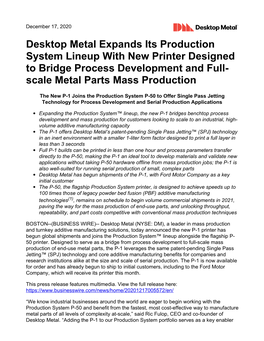 Desktop Metal Expands Its Production System Lineup with New Printer Designed to Bridge Process Development and Full- Scale Metal Parts Mass Production