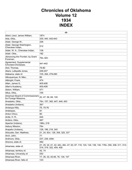 Chronicles of Oklahoma Volume 12 1934 INDEX