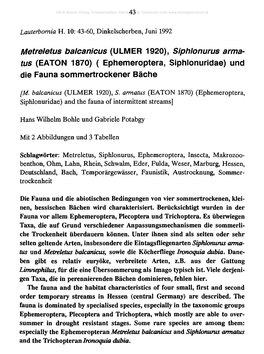 Metreletus Balcanicus (ULMER 1920), Siphlonurus Arma- Tus (EATON 1870) ( Ephemeroptera, Siphlonuridae) Und Die Fauna Sommertrockener Bäche