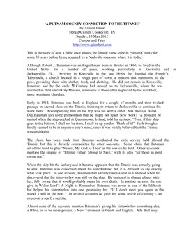 'A PUTNAM COUNTY CONNECTION to the TITANIC' by Allison Ensor Herald-Citizen, Cookeville, TN Sunday, 13 May 2012 Cumberland T