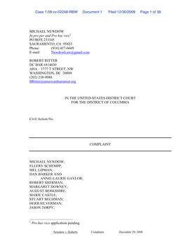 MICHAEL NEWDOW in Pro Per and Pro Hac Vice1 PO BOX 233345 SACRAMENTO, CA 95823 Phone: (916) 427-6669 E-Mail: Newdowlaw@Gmail.Com