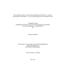 Host Acceptance Behavior in the Soybean Aphid Parasitoid Binodoxys Communis (Hymenoptera: Braconidae) – the Role of Physiological State in Biological Control