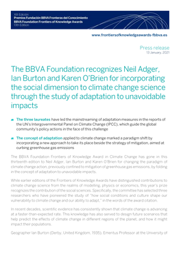 The BBVA Foundation Recognizes Neil Adger, Ian Burton and Karen O