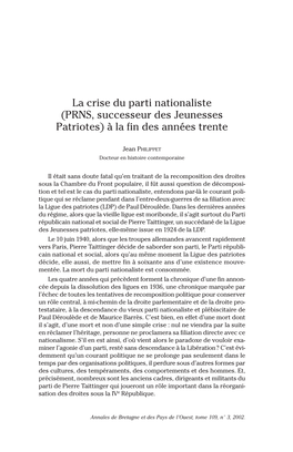 La Crise Du Parti Nationaliste (PRNS, Successeur Des Jeunesses Patriotes) À La Fin Des Années Trente