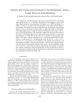 Dynamic Slip Transfer from the Denali to Totschunda Faults, Alaska: Testing Theory for Fault Branching by Harsha S