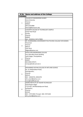 Sl No Name and Address of the College CHENNAI