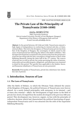 The Private Law of the Principality of Transylvania (1540–1690)