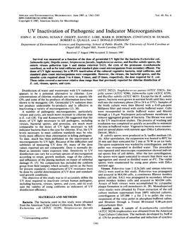 UV Inactivation of Pathogenic and Indicator Microorganisms JOHN C