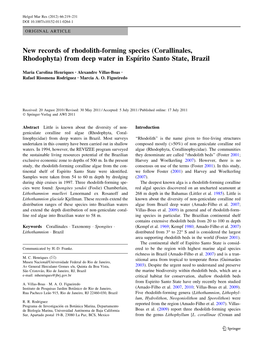 New Records of Rhodolith-Forming Species (Corallinales, Rhodophyta) from Deep Water in Espırito Santo State, Brazil