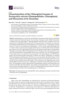 Characterization of the Chloroplast Genome of Trentepohlia Odorata (Trentepohliales, Chlorophyta), and Discussion of Its Taxonomy
