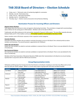 TAB 2018 Board of Directors – Election Schedule