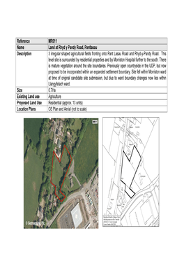 Reference MR011 Name Land at Rhyd Y Pandy Road, Pantlasau Description 3 Irregular Shaped Agricultural Fields Fronting Onto Pant Lasau Road and Rhyd-Y-Pandy Road
