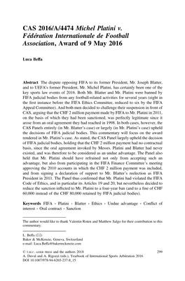 CAS 2016/A/4474 Michel Platini V. Fédération Internationale De Football Association, Award of 9 May 2016