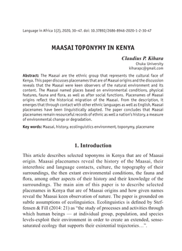 MAASAI TOPONYMY in KENYA Claudius P