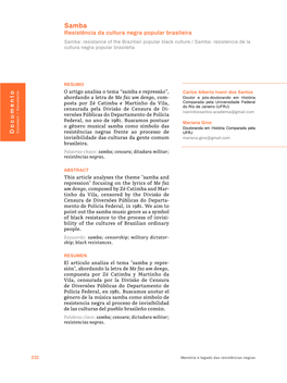 Resistência Da Cultura Negra Popular Brasileira Samba: Resistance of the Brazilian Popular Black Culture / Samba: Resistencia De La Cultura Negra Popular Brasileña