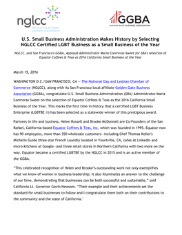 U.S. Small Business Administration Makes History by Selecting NGLCC Certified LGBT Business As a Small Business of the Year