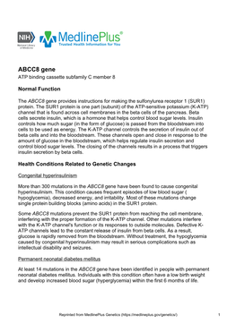 ABCC8 Gene ATP Binding Cassette Subfamily C Member 8