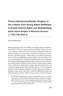 Vienna Kärntnertortheater Singers in the Letters from Georg Adam Hoffmann to Count Johann Adam Von Questenberg Italian Opera Singers in Moravian Sources C