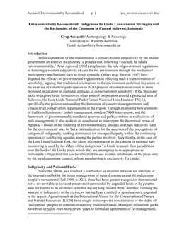 Indigenous to Lindu Conservation Strategies and the Reclaiming of the Commons in Central Sulawesi, Indonesia