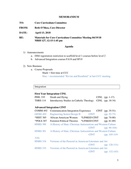 Materials for Core Curriculum Committee Meeting 04/19/18 MRH 127, 12:15-1:45 Pm