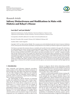 Research Article Salivary Distinctiveness and Modifications in Males with Diabetes and Behçet’S Disease