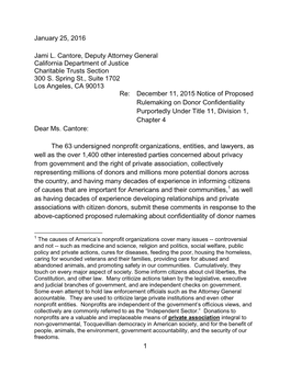 1 January 25, 2016 Jami L. Cantore, Deputy Attorney General California Department of Justice Charitable Trusts Section 300 S. Sp