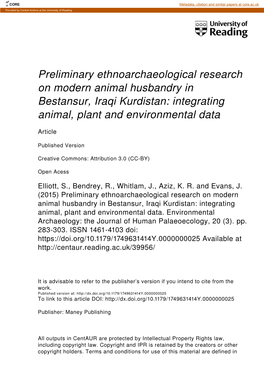 Preliminary Ethnoarchaeological Research on Modern Animal Husbandry in Bestansur, Iraqi Kurdistan: Integrating Animal, Plant and Environmental Data