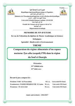 THEME Comparaison Du Régime Alimentaire D'un Rapace Nocturne