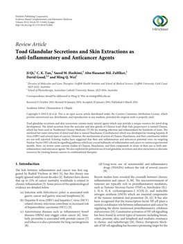 Toad Glandular Secretions and Skin Extractions As Anti-Inflammatory and Anticancer Agents