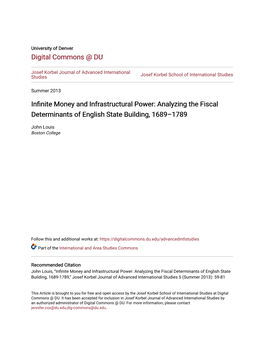Infinite Money and Infrastructural Power: Analyzing the Fiscal Determinants of English State Building, 1689–1789