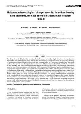 Holocene Palaeoecological Changes Recorded in Mollusc-Bearing Cave Sediments, the Cave Above the Słupska Gate (Southern Poland)