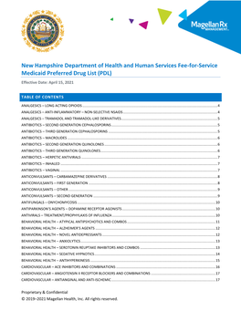 New Hampshire Department of Health and Human Services Fee-For-Service Medicaid Preferred Drug List (PDL) Effective Date: April 15, 2021