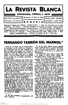 LA REVISTA BLANCA SOCIOLOGÍA, CIENCIA Y ARTE Barcelona, 15 Junio De 1Q30 Añovlii:2.-Épo!A:Núm, 170 Número Suelto : 0'50 Pías